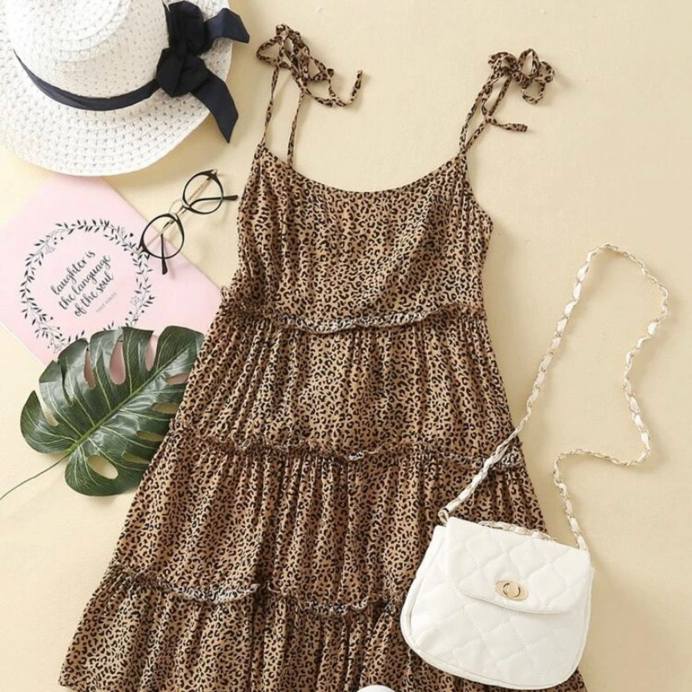 Tie shoulder frill trim leopard cami dress